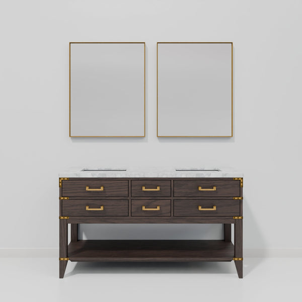 English Elm Brown Oak Double Bath Vanity With Carrara Marble Top & 2 Elegant Mirrors - Stylish Storage Solution B2731S01631