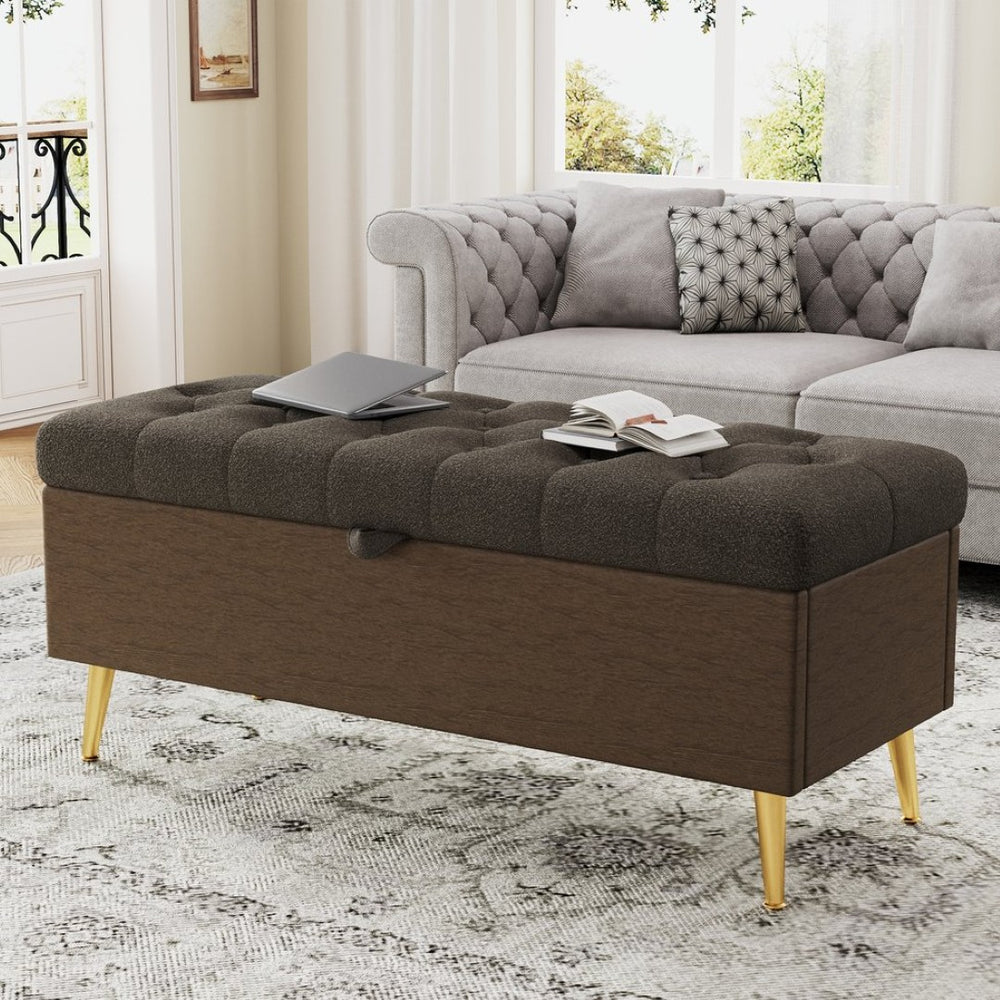 English Elm Modern Boucle Tufted Storage Ottoman Bench with Gold Legs for Bedroom or Entryway Coffee N719P305620D