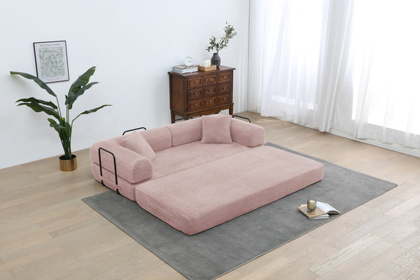 English Elm Convertible Sleeper Sofa Bed Pink Corduroy 3-Seat Foldable Couch with Cylindrical Pillow, Non-Slip Flexible Design W3199P311308