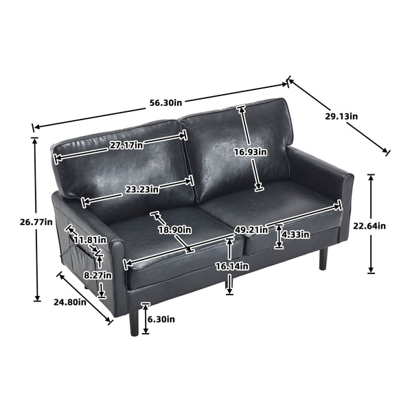 English Elm Loveseat Modern Mid-Century 2-Seater with USB Type-C Charging, Removable Zippered Covers, Sturdy Wood Legs Black PU W395P238820
