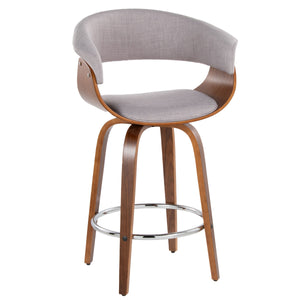 English Elm Vintage 26" Mid-Century Counter Stool Set of 2 - Swivel Grey Fabric, Walnut Legs, Chrome Footrest, 250 lb B202S00463