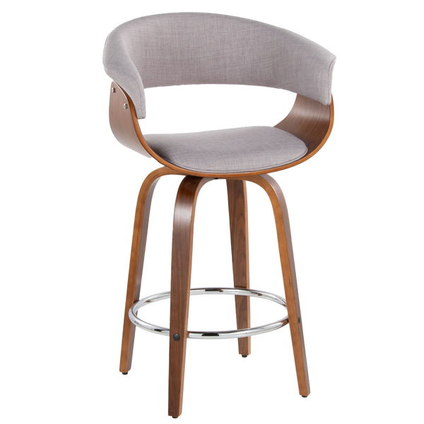 English Elm Vintage 26" Mid-Century Counter Stool Set of 2 - Swivel Grey Fabric, Walnut Legs, Chrome Footrest, 250 lb B202S00463