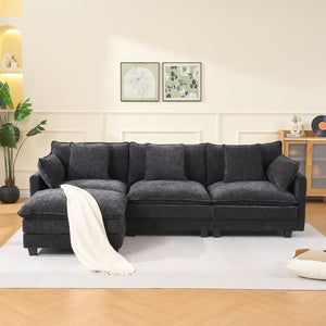 English Elm Beige Chenille Sectional Sofa with Modular Ottoman for Living Room or Studio Black W2603S00006
