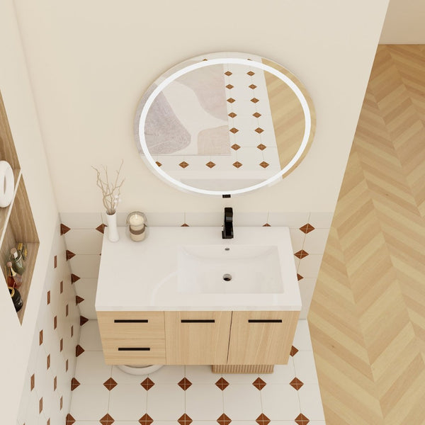 English Elm 36" Floating Bathroom Vanity Light Oak Gel Coat Sink Modular Storage Cabinet W3450S00084