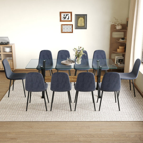 English Elm Table Set With 10 Dark Gray Linen Chairs, Modern Tempered Glass Top & Stylish X-Shaped Metal Legs W1151S03603-GIGA