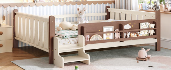 English Elm Queen Bunk Bed with Trundle Solid Pine Kids Car Themed Frame Built-in Bookshelf Beige+Natural W1580S00536