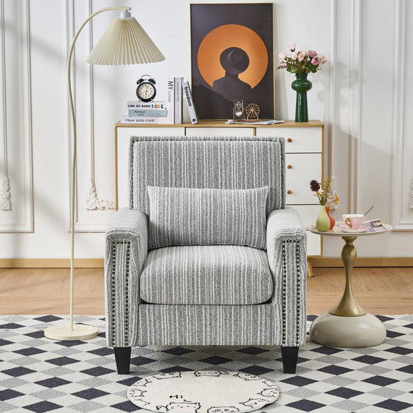 English Elm Modern Striped Upholstered Accent Chair with Arms, Nailhead Trim, Solid Wood Frame and Plush Foam Seating Grey W3373P363920