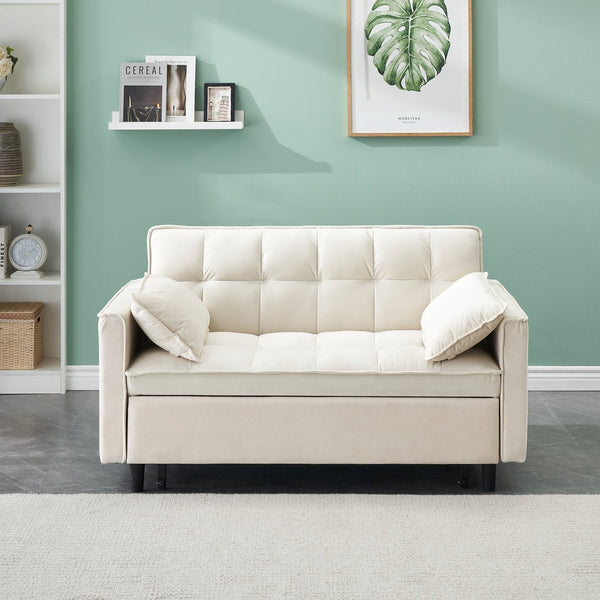 English Elm Modern Velvet Sofa Pull-Out Bed 3-in-1 Convertible Love Seat with Pillows, Spacious 500lb Support Beige W3371P314973
