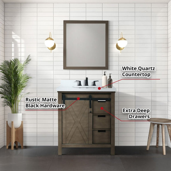 English Elm Rustic Brown Bath Vanity Set With White Quartz Countertop, Matte Black Faucet & Mirror Included B2731S01276-GIGA