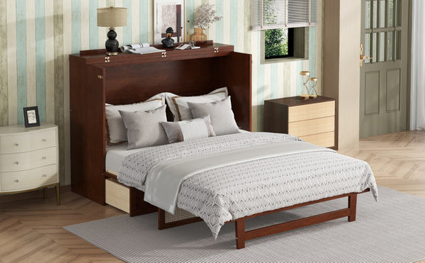 English Elm Queen Size Murphy Bed - Stylish Walnut Pine Cabinet With Rattan Accents & Full-Width Storage Drawer W504S00231-GIGA