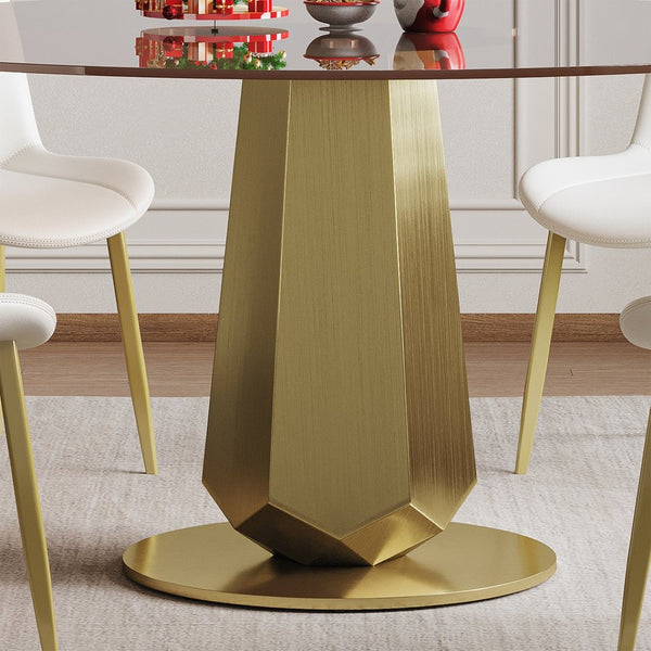 English Elm 53 Inch Round Smoked Glass Dining Table with Gold Steel Base Seats Eight W2700S00095