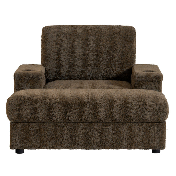 English Elm 42" Oversized Chaise Lounge with Plush Faux Rabbit Fur, Hidden Arm Storage, Cup Holder, Convertible Sleeper Brown N723P232726D