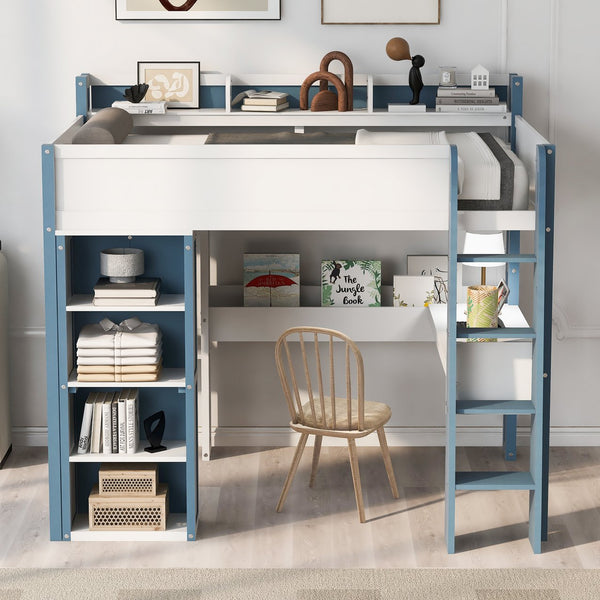 English Elm Full Size Wood Loft Bed With Desk, Storage Shelves & Clothes Rails - Modern Space-Saving Design N7090005007C