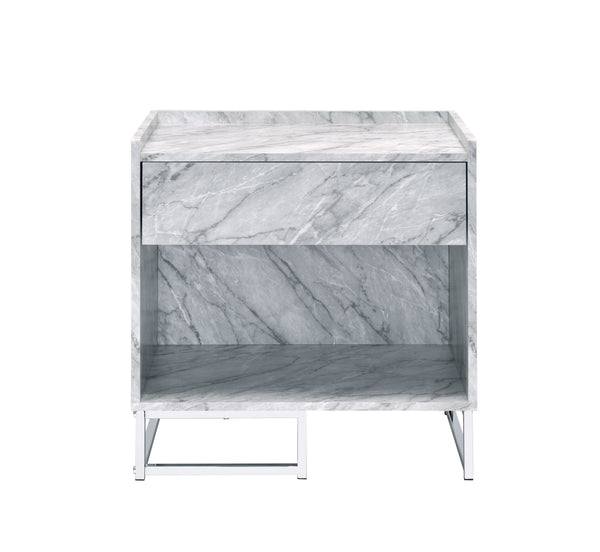 English Elm Azrael White Faux Marble Top Accent Table with Chrome Metal Base, Drawer & Open Storage, 100lb Limit B2726P340578