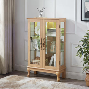 English Elm Elegant Curio Cabinet with Tempered Glass Doors, LED Lighting, Mirrored Back, Adjustable Shelves, Anti-Tip Safety Light Oak W1758P290028