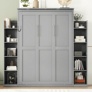 English Elm Full Size Murphy Wall Bed with Led Lighting Side Storage Cabinets and Slatted Support Gray LP000694AAE-1