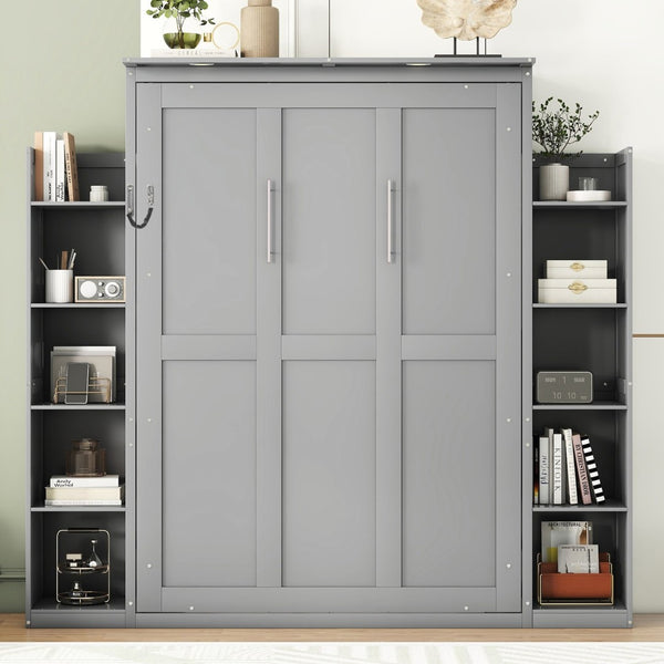 English Elm Full Size Murphy Wall Bed with Led Lighting Side Storage Cabinets and Slatted Support Gray LP000694AAE-1