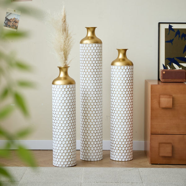 English Elm Floor Elegant 3-Piece Metal Vase Set - Modern Droplet Style In White And Gold For Stunning Decor W2796P290480