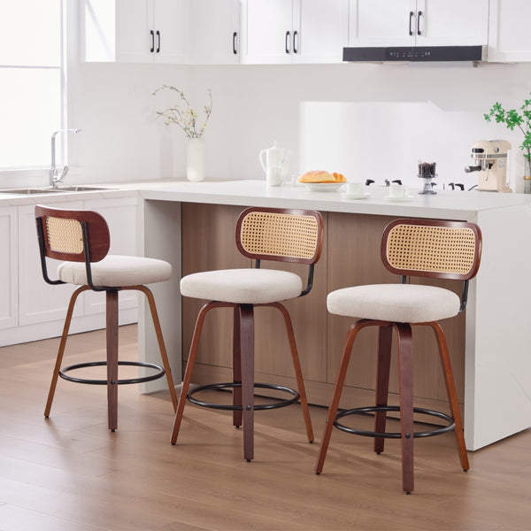 English Elm Set of 2 Swivel Counter Stools Walnut Frame Rattan Back Linen Seat Kitchen Island Beige W1143P392163