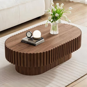 English Elm Oval Fluted Walnut Coffee Table Sculptural Pedestal Base Mid Century Living Room W3204P391004