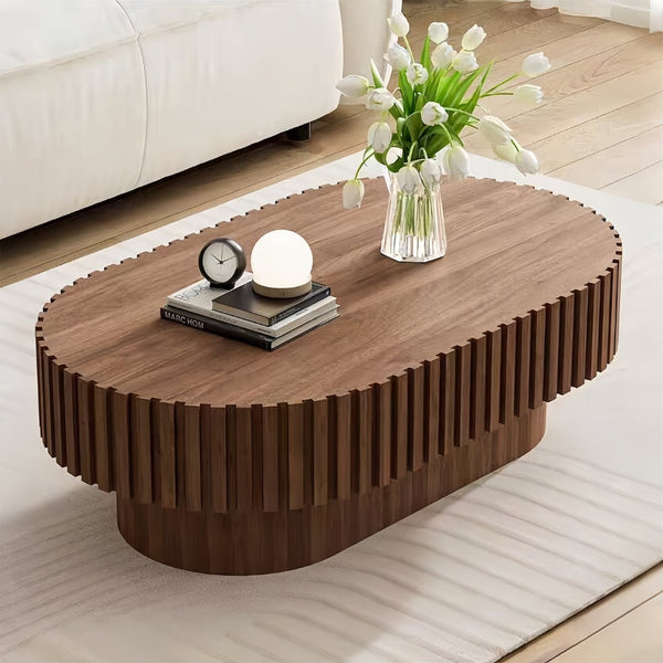 English Elm Oval Fluted Walnut Coffee Table Sculptural Pedestal Base Mid Century Living Room W3204P391004