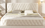 English Elm Queen Size Upholstered Bed With Tufted Headboard, Modern Velvet Platform Bed , No Box Spring Required, White