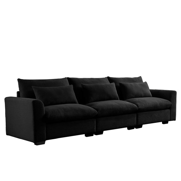 English Elm 3 Seater Deep Seat Corduroy Sofa - Wide, Ultra-Comfortable Modular Couch with 3 Waist Pillows, Black W714S00849