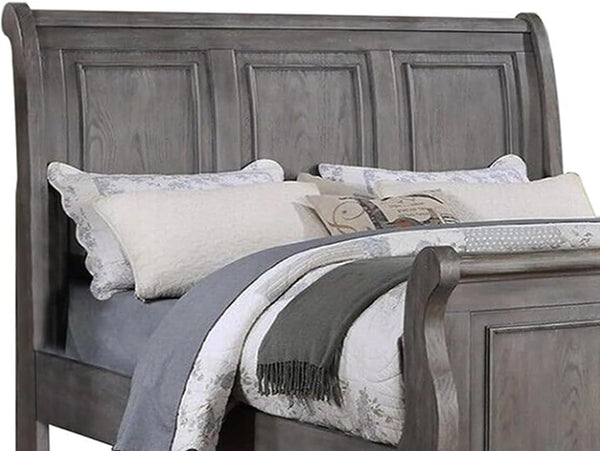 English Elm Grey Sleigh Design Queen Bed with 3-Panel Headboard in Antique Gray Oak Finish — Transitional Barn Style Bedroom B011S01396