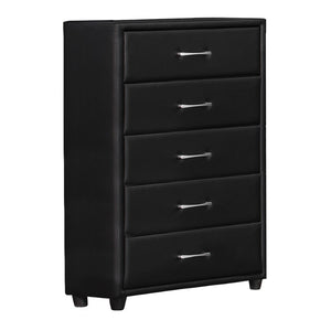 English Elm 5 Drawer Faux Leather Upholstered Chest Tapered Legs Bedroom Storage Modern B056P416786