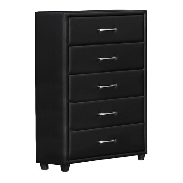 English Elm 5 Drawer Faux Leather Upholstered Chest Tapered Legs Bedroom Storage Modern B056P416786