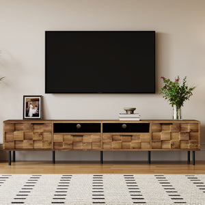 English Elm Mid retro TV Stand for TVs up to 85" — Medieval-inspired media console with 2 drawers, 4 cabinets, cable management Natural N710P193724P