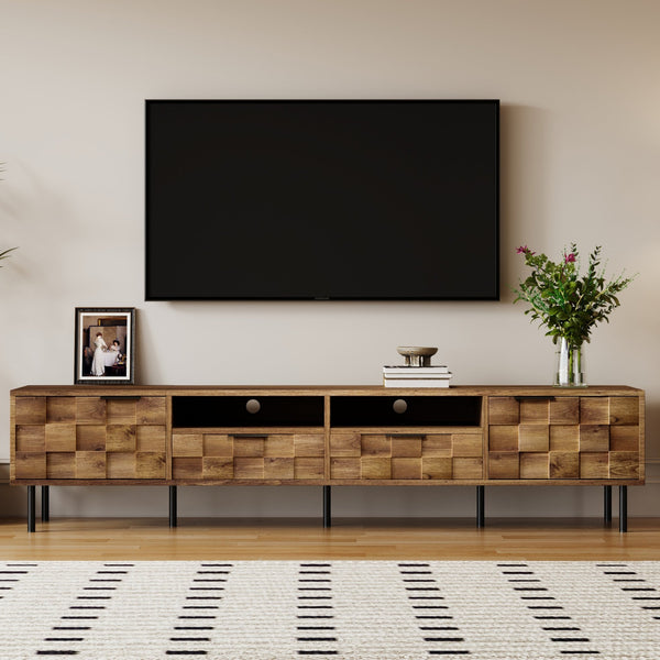 English Elm Mid retro TV Stand for TVs up to 85" — Medieval-inspired media console with 2 drawers, 4 cabinets, cable management Natural N710P193724P