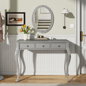 English Elm Luxury Makeup Vanity Desk with Oval Mirror and Engraved Floral Frame, Velvet Jewelry Tray, Durable Drawers and Elegant Console for Bedroom & Living Room Decor Silver N844P292481S