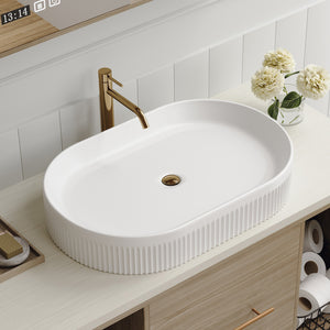 English Elm 22.8-In Oval Vessel Sink Vanity White Ceramic with Vertical Stripes, Self-Clean Glaze & Pop-Up Drain W3136P311070