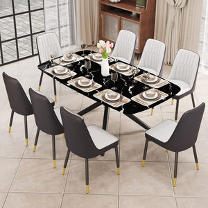 English Elm 1 Table and 8 Chairs Set.A Rectangular Dining Table With A Imitation Marble Black Table Top and Black Metal Legs.Paired With 8 Chairs With Pu Leather Seat Cushion and Black Metal Legs.F-1537,C-007