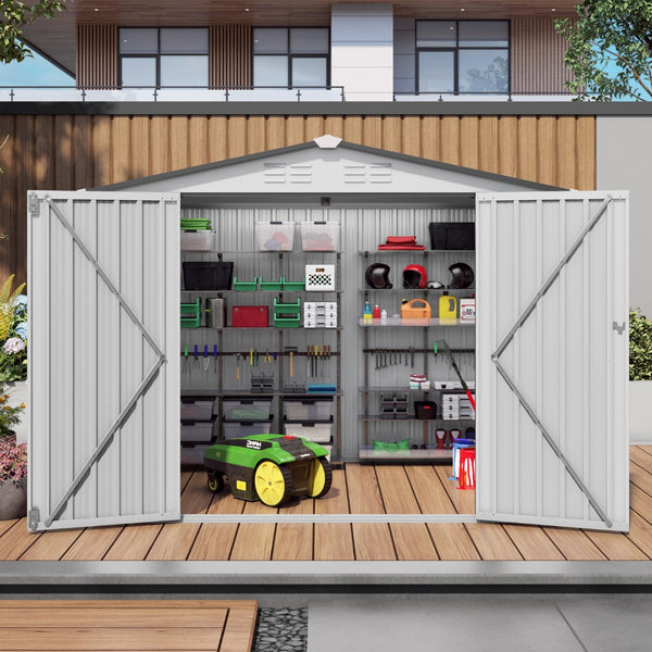 English Elm 8x6 Galvanized Steel Outdoor Storage Shed with Pitched Roof Lockable Doors and Window W3213S00007