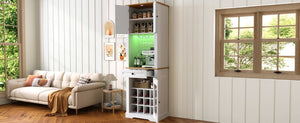 English Elm Bar Cabinet Farmhouse 69 Inch with Rgb Led Barn Door Wine Rack and Charging Station White N728P438603W
