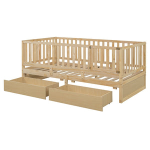 English Elm Twin Pinewood Daybed with Fence Guardrails Two Storage Drawers and Split Floor Bed Natural LP200881AAN