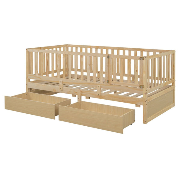 English Elm Twin Pinewood Daybed with Fence Guardrails Two Storage Drawers and Split Floor Bed Natural LP200881AAN