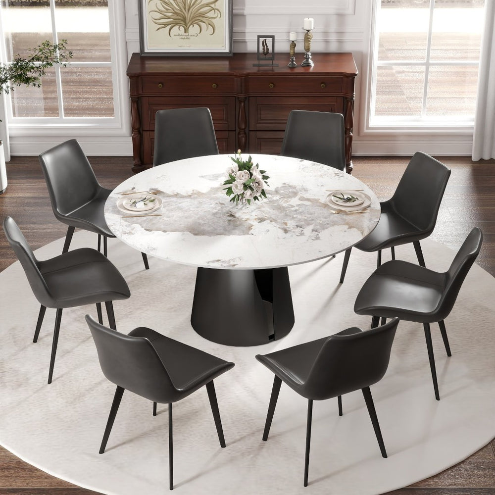 English Elm 59.05" Round Sintered Stone Dining Table with Lazy Susan Iron Base Seats 8 W1535S00639
