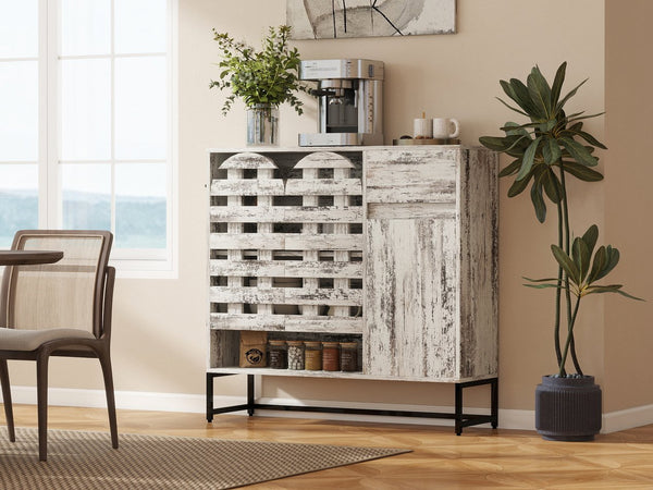 English Elm 44.3"Farmhouse Rustic Sideboard Cabinet with Arched Lattice Doors, Drawer & Open Shelves, White Vintage W2977P338333
