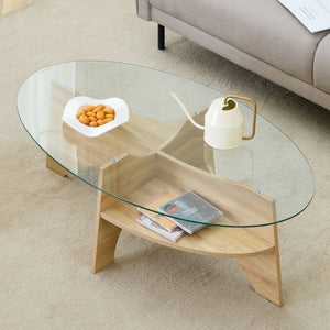English Elm Oval Tempered Glass Coffee Table with Wood Grain Legs and Built-in Fan Tray Shelf W1151P256007