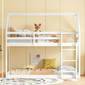 English Elm Twin Rubber Wood Floor Bunk Bed House-Shaped Design with Ladder Guardrails Sturdy Low-Profile Retreat White W504P206864