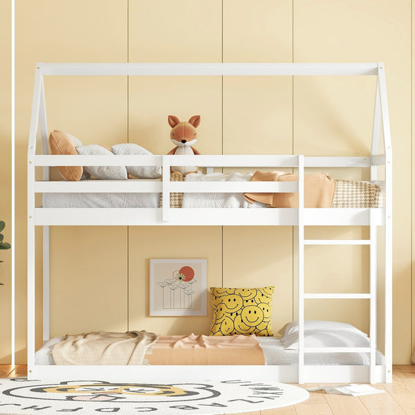 English Elm Twin Rubber Wood Floor Bunk Bed House-Shaped Design with Ladder Guardrails Sturdy Low-Profile Retreat White W504P206864