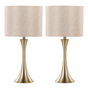 English Elm Lenuxe 24" Contemporary Metal Table Lamp Set of 2 with Metallic Linen Drum Shade and 3-Way Switch Gold B202P224068