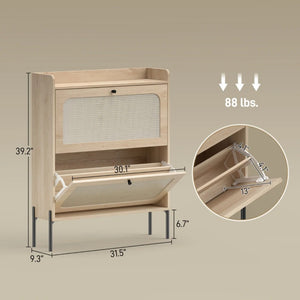 English Elm Narrow Rattan Front Shoe Cabinet with Oak Finish Entryway Storage for 16 Pairs T3971P481653