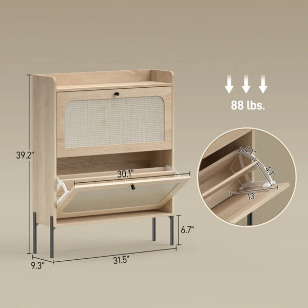 English Elm Narrow Rattan Front Shoe Cabinet with Oak Finish Entryway Storage for 16 Pairs T3971P481653