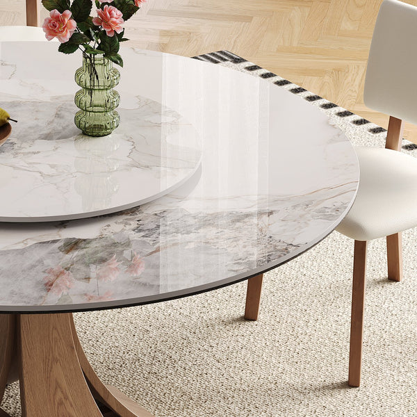 English Elm 59-Inch Modern Sintered Stone Dining Table With 35-Inch Turntable, Seats 6-8, Walnut Base Elegance! W509S00130