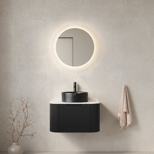 English Elm Dina Floating Bathroom Vanity with Sintered Stone Top and Crystal Glass Basin Black,Carrara White W2615S00703