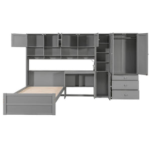 English Elm Wooden Twin Loft Bed with Built-in Desk Wardrobe Storage Drawers and Led Lighting N820S00069E
